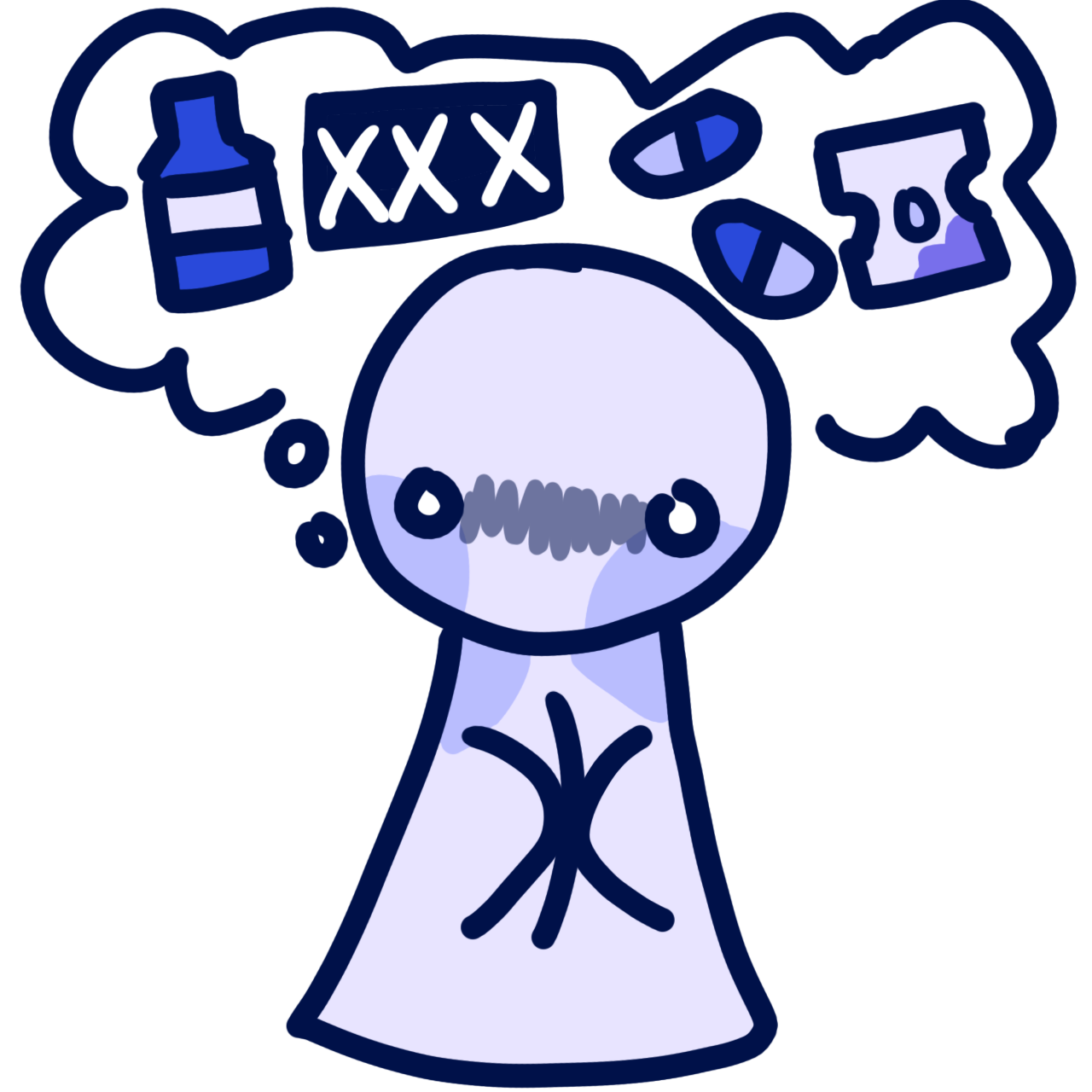a person with the BPD symbol on their chest looking visibly dissociative. Coming out of them is a thought bubble having a bottle of alcohol, a black bar with 3 Xs, two pills, and a razor blade with a blue blood-like substance on it